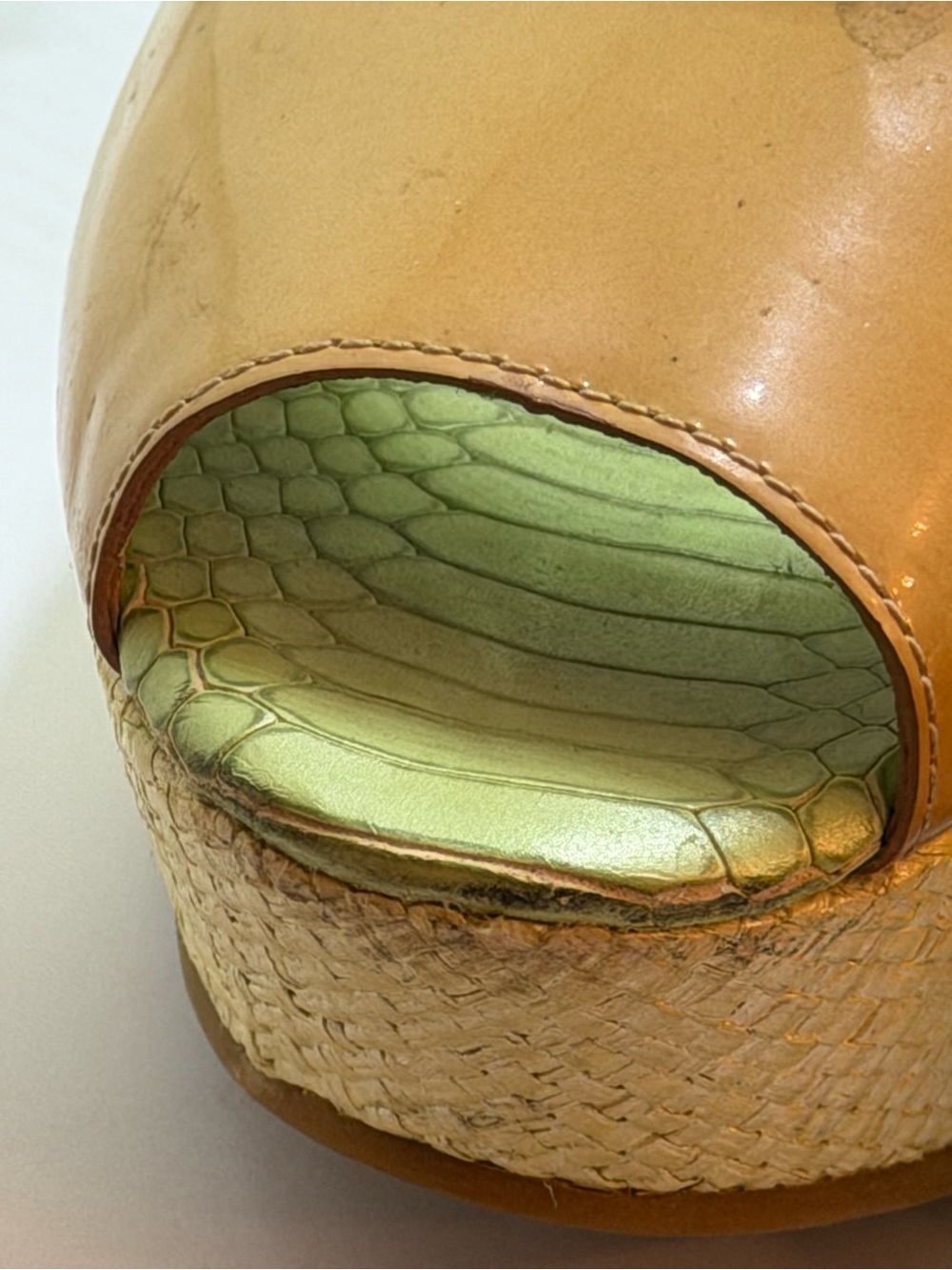 Juicy Couture Tan Patent Peep-Toe Platform Sandals with Green Insole - Picture 2 of 8